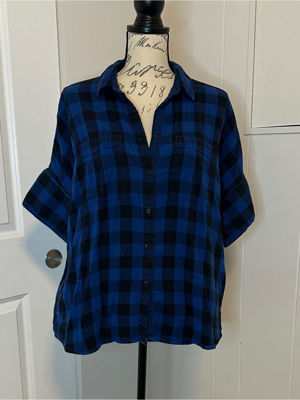 Madewell Buffalo Plaid Flannel Shirt Blue Black XL Boxy Short Sleeve